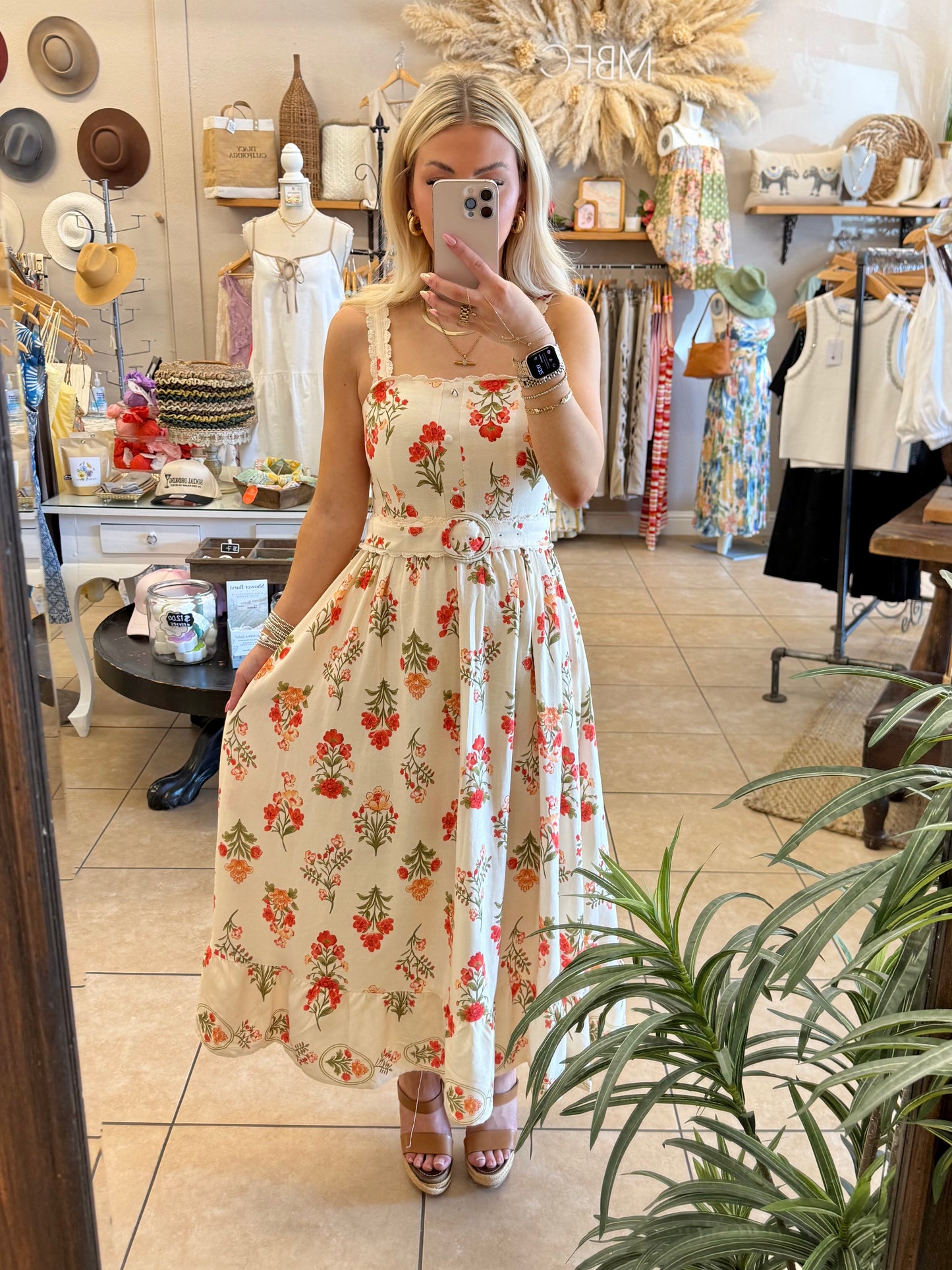 Zoe & Claire Lace Scalloped Belted Midi Dress - Red Floral