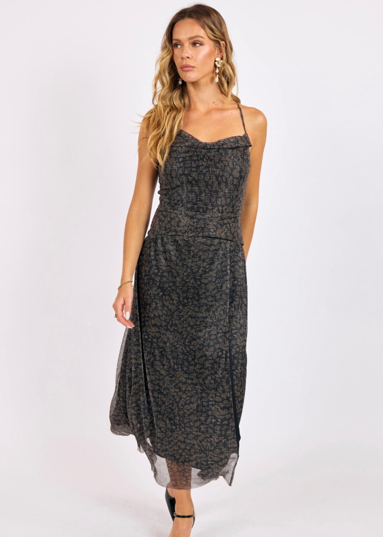 Sage the Label La Soirée Pleated Lurex Mesh High Slit Maxi Dress