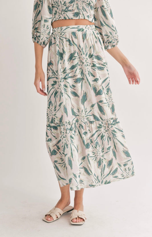 Sadie & Sage Moon & Back Tiered Maxi Skirt - Green Print