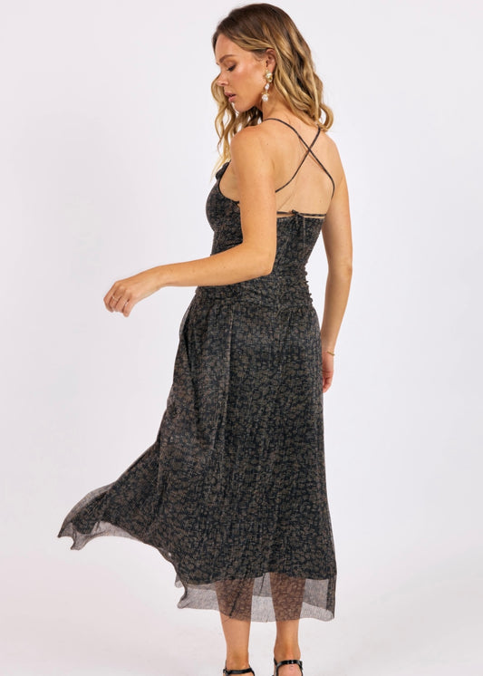 Sage the Label La Soirée Pleated Lurex Mesh High Slit Maxi Dress