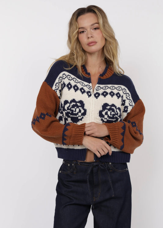 Sage the Label Sweet Rose Jacquard Zip Sweater Jacket
