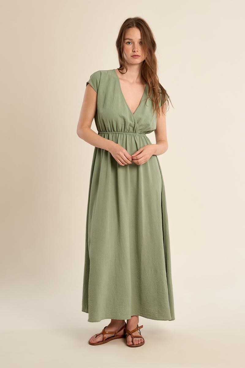 Zoe & Claire Drop Shoulder Faux Wrap Maxi Dress - Green