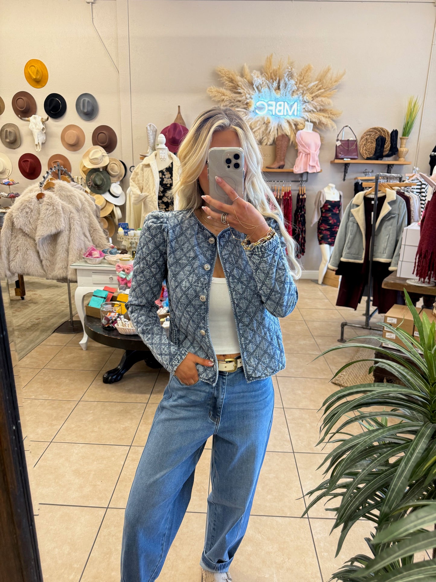 Zoe & Claire Quilted Button Up Pleated Denim Jacket