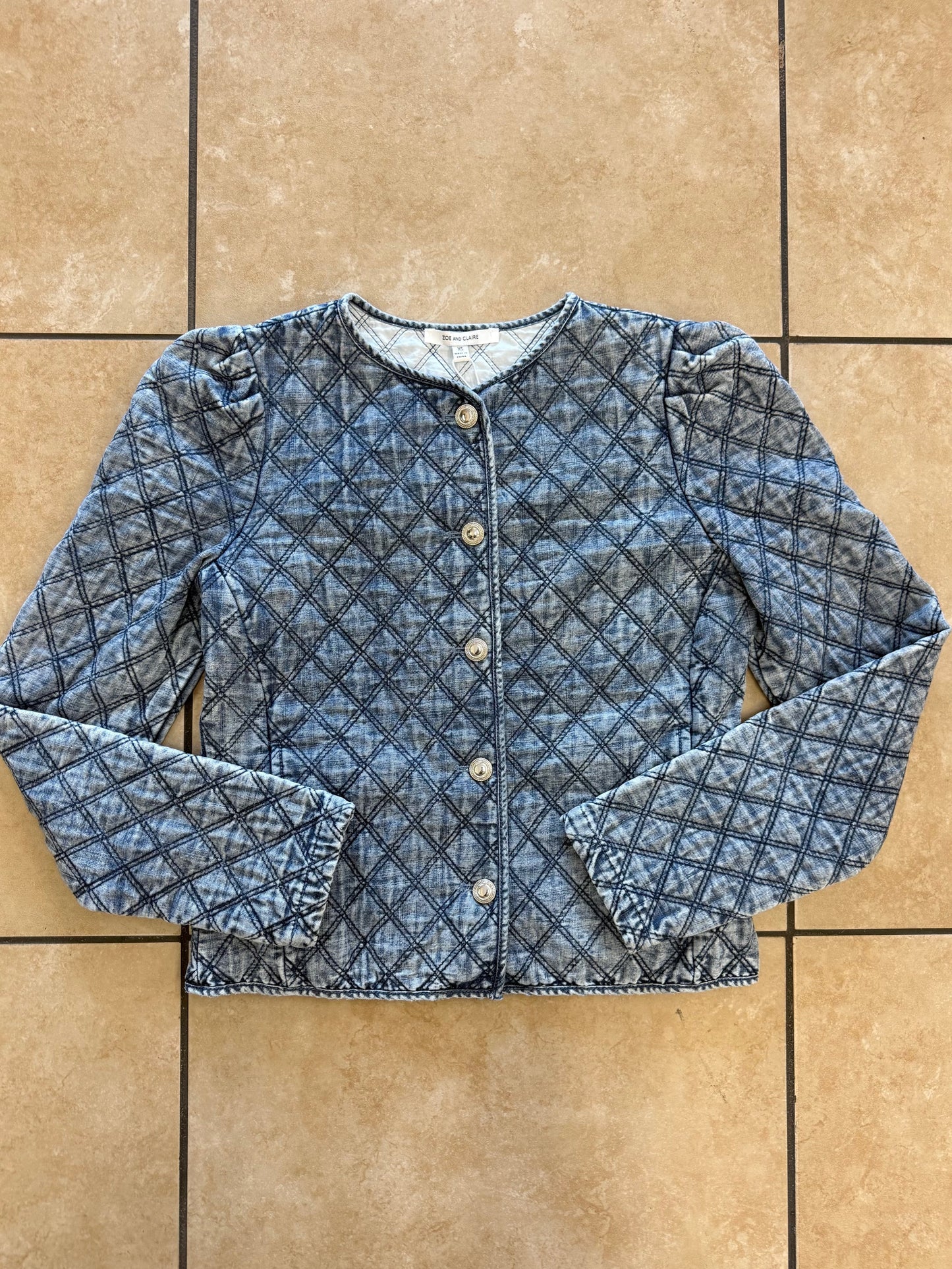 Zoe & Claire Quilted Button Up Pleated Denim Jacket