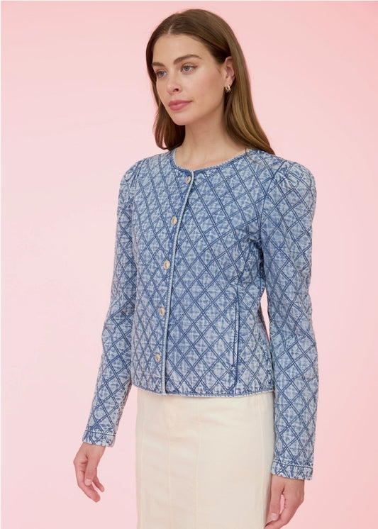 Zoe & Claire Quilted Button Up Pleated Denim Jacket