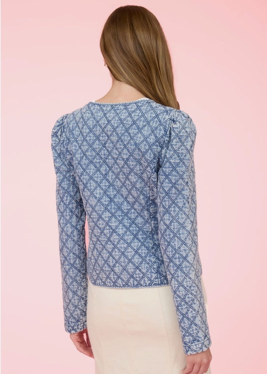 Zoe & Claire Quilted Button Up Pleated Denim Jacket