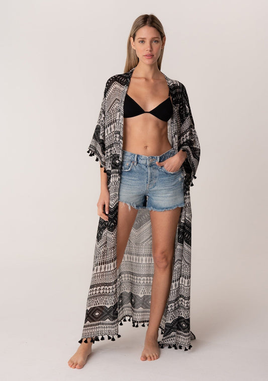 Lovestitch Sheer Boho 3/4 Sleeve Kimono - Black/Natural