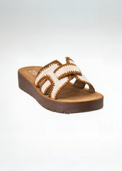 women's brown and ivory slide on sandal 