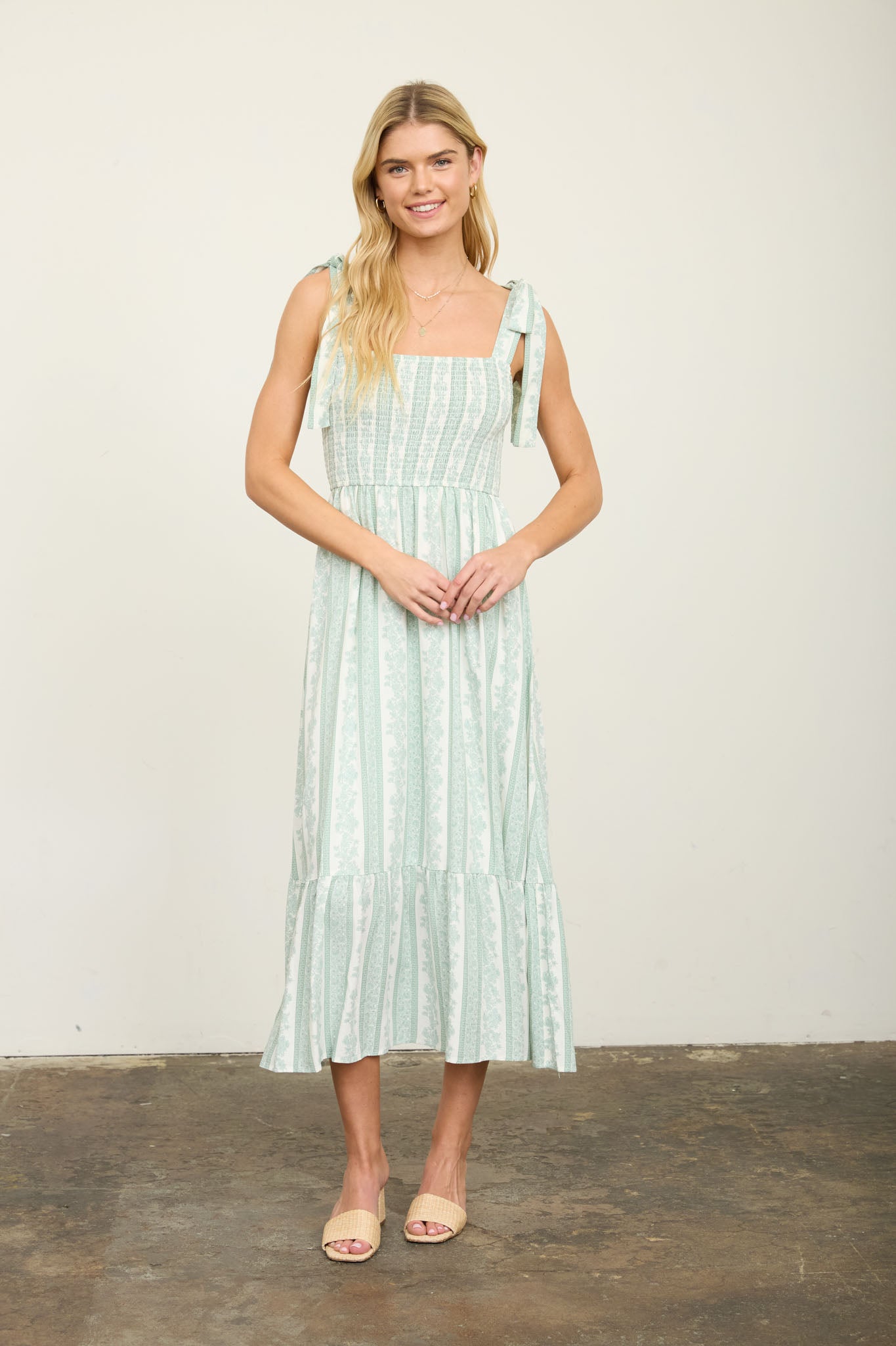 August Sky Stripe Floral Smocked Tie Strap Midi - Green Floral