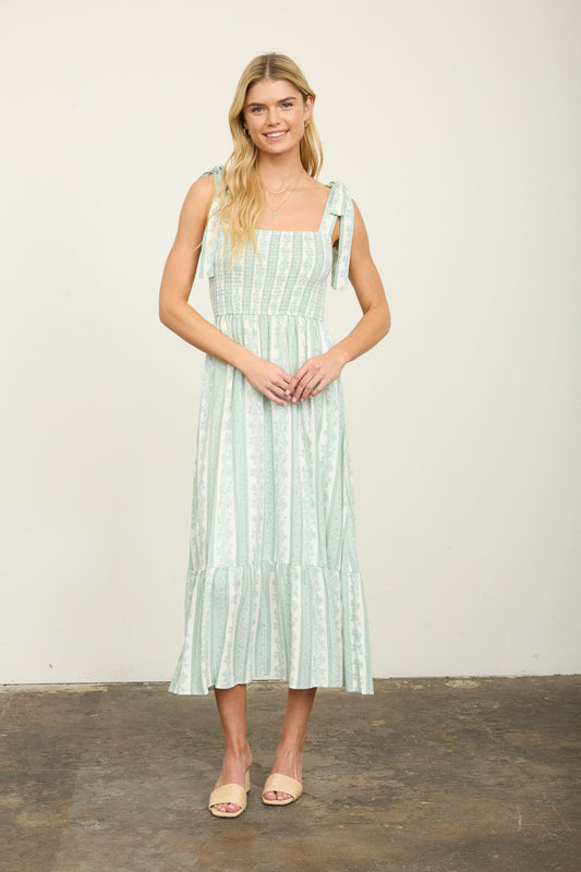 August Sky Stripe Floral Smocked Tie Strap Midi - Green Floral