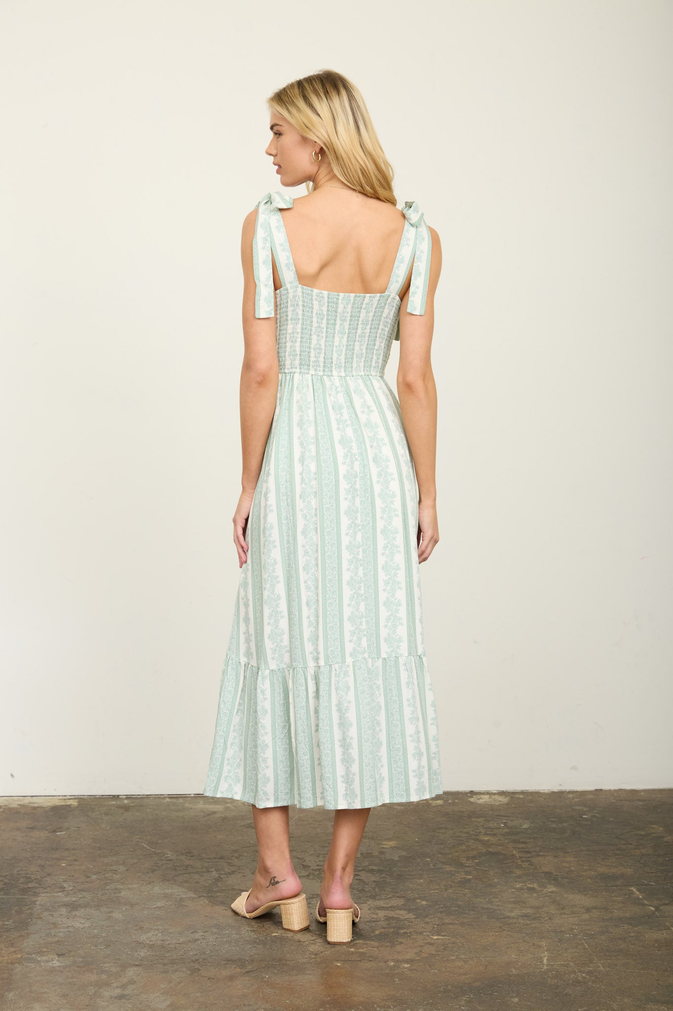August Sky Stripe Floral Smocked Tie Strap Midi - Green Floral