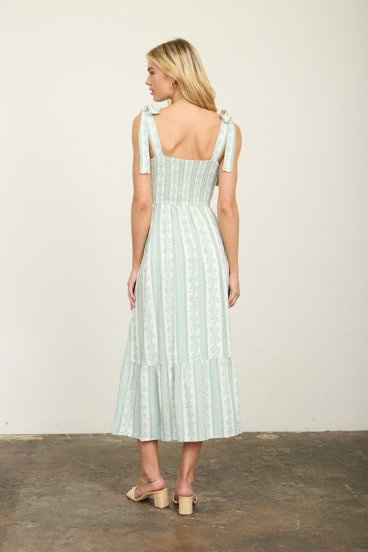August Sky Stripe Floral Smocked Tie Strap Midi - Green Floral