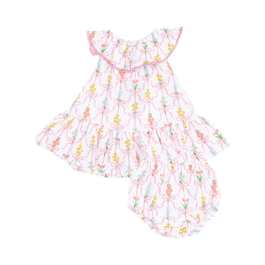 Angel Dear Ribbon Bouquet Circle Neck Ruffled Dress with Bloomers