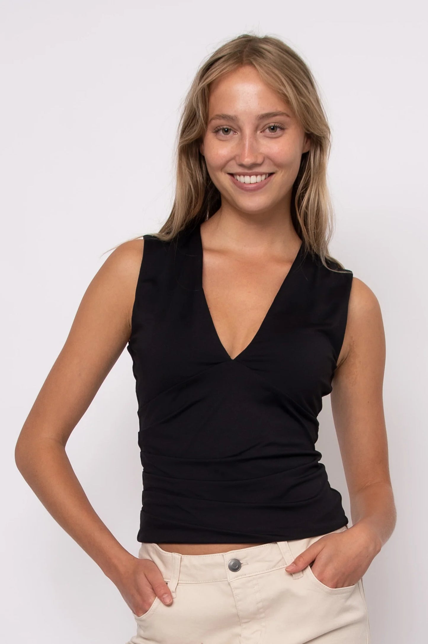 RD Style Claudette Signature Sleeveless V-Neck Black Top