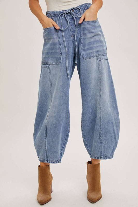 Bluivy - Denim Mid-Waist Drawstring Barrel Jeans