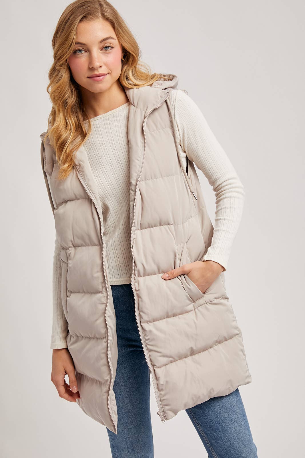 Bluivy - Hooded Zipper Down Longline Puffer Vest