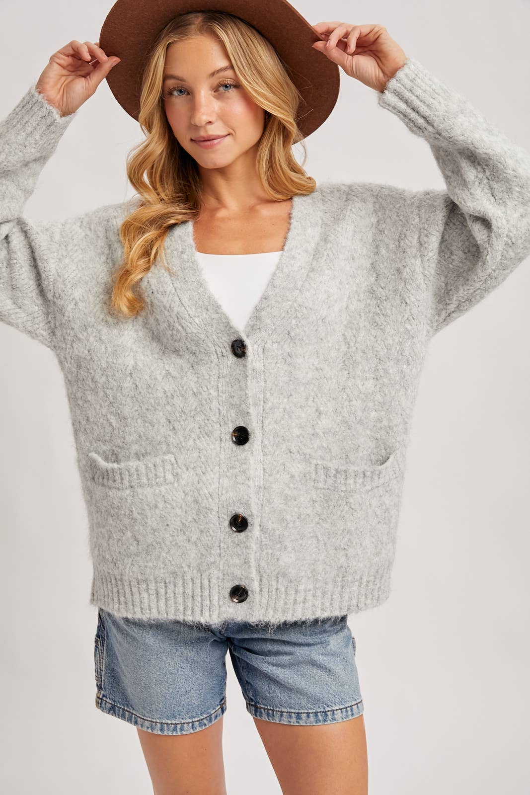 Bluivy - Button Down Fuzzy Heathered Knit Sweater Cardigan