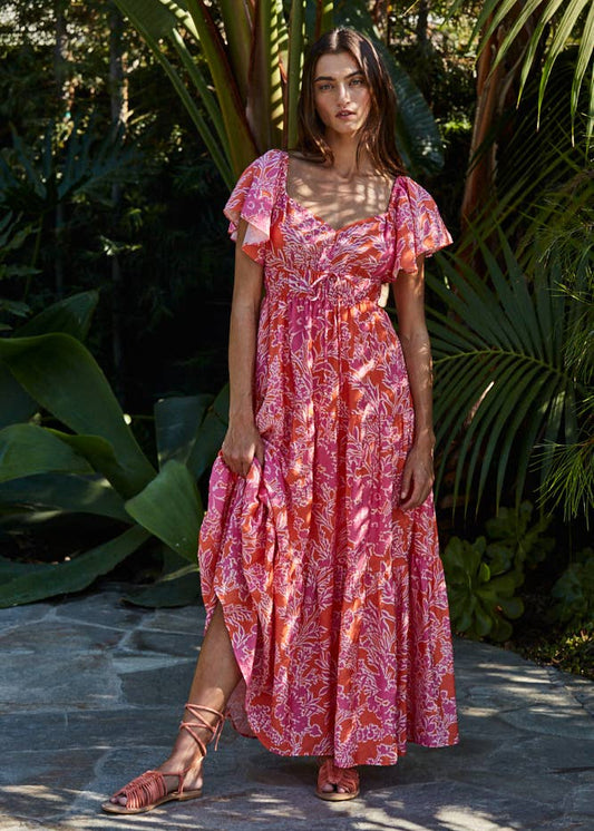 By Together | Woven Rayon Nylon Floral Print Sweetheart Neck Maxi