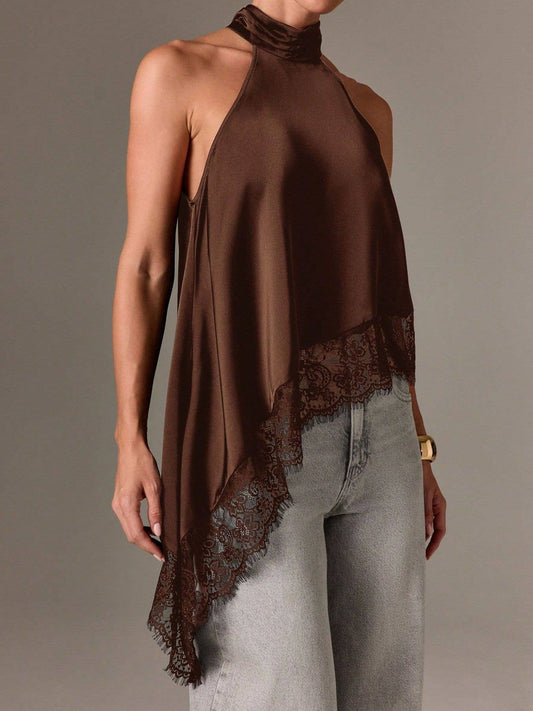 Hope & Sunshine - Lace Trim Satin Halter Top: Brown / Missy / S
