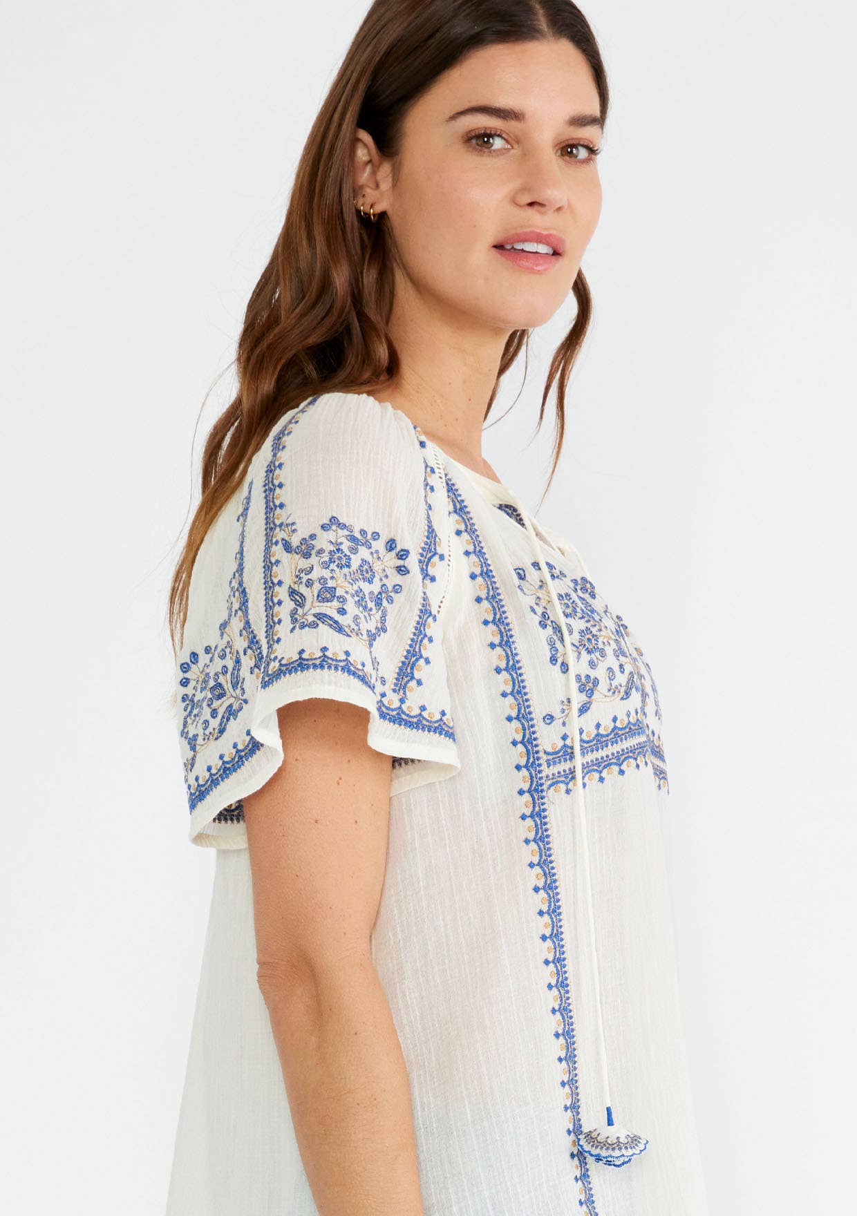 Lovestitch - Embroidered Raglan Short Sleeve Split Neck Top