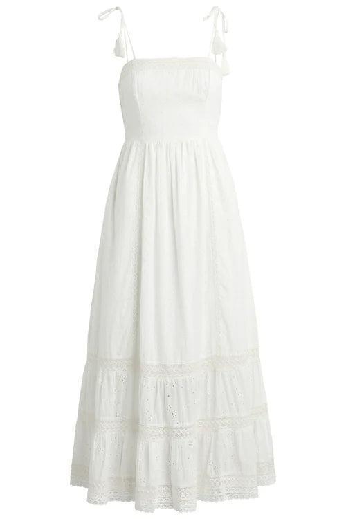 women's white eyelet maxi dress with tassel spaghetti straps