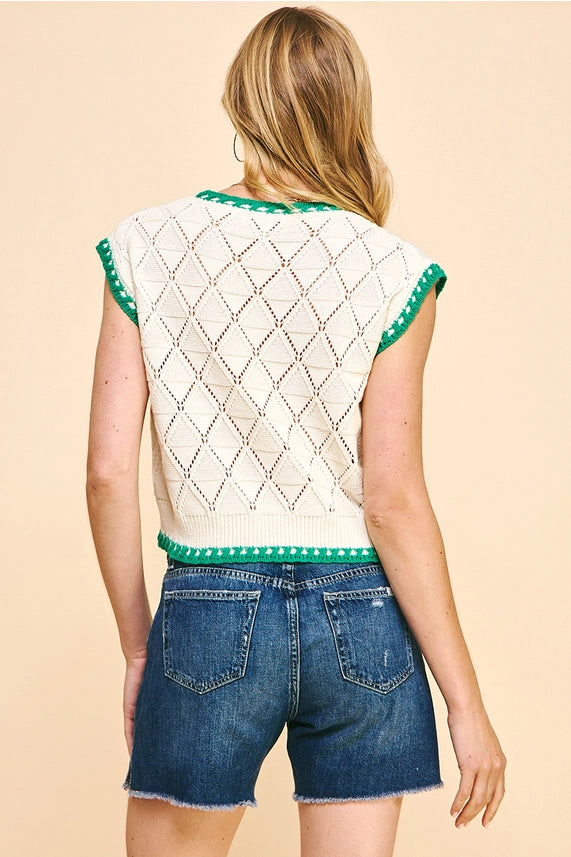 Pinch Sleeveless Crochet Sweater Top - Cream/Green