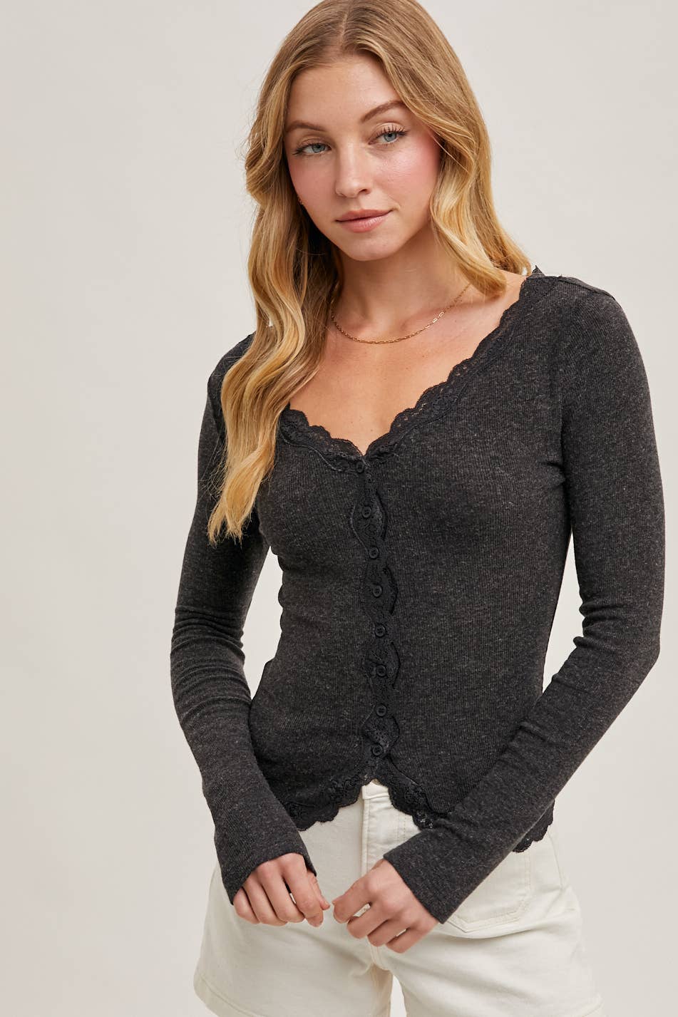 Bluivy - BUTTON DOWN LACE TRIMMED KNIT CARDIGAN TOP: OATMEAL / M