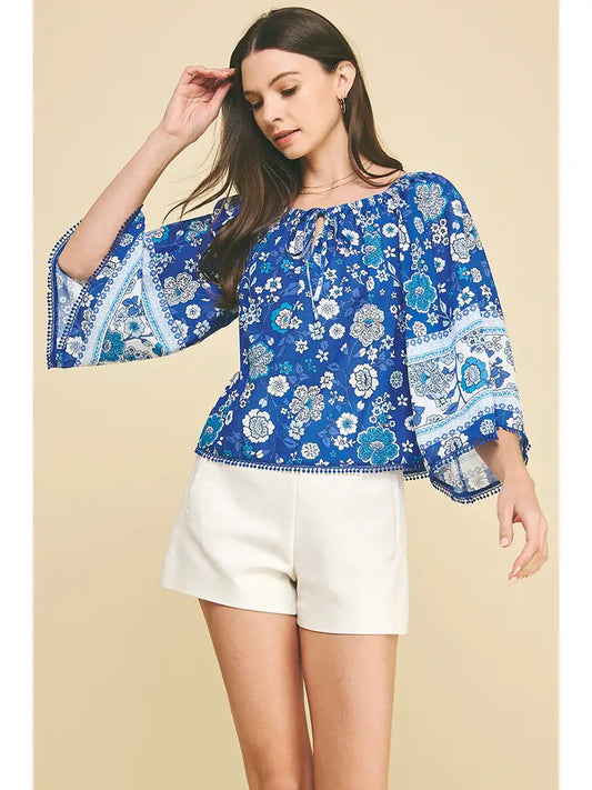Pinch Floral Wie Sleeve Embroidered Top - Blue/Wht