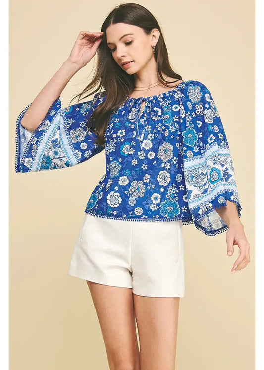 Pinch Floral Wie Sleeve Embroidered Top - Blue/Wht