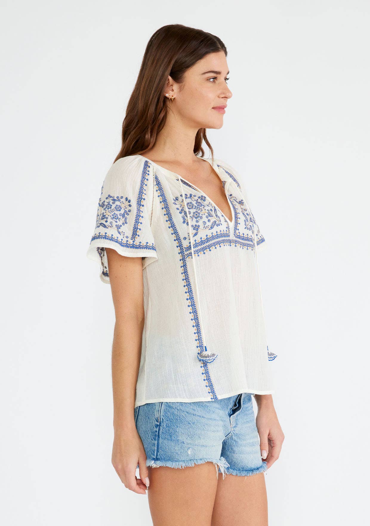 Lovestitch - Embroidered Raglan Short Sleeve Split Neck Top