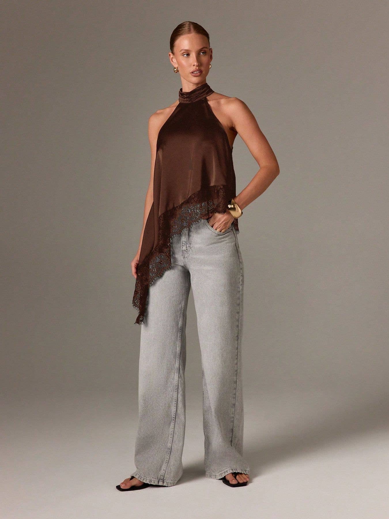 Hope & Sunshine - Lace Trim Satin Halter Top: Brown / Missy / S