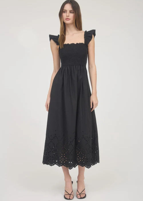 Blu Pepper Smocked Ruffle Sleeve Eyelit Hem Midi Dress - Blk