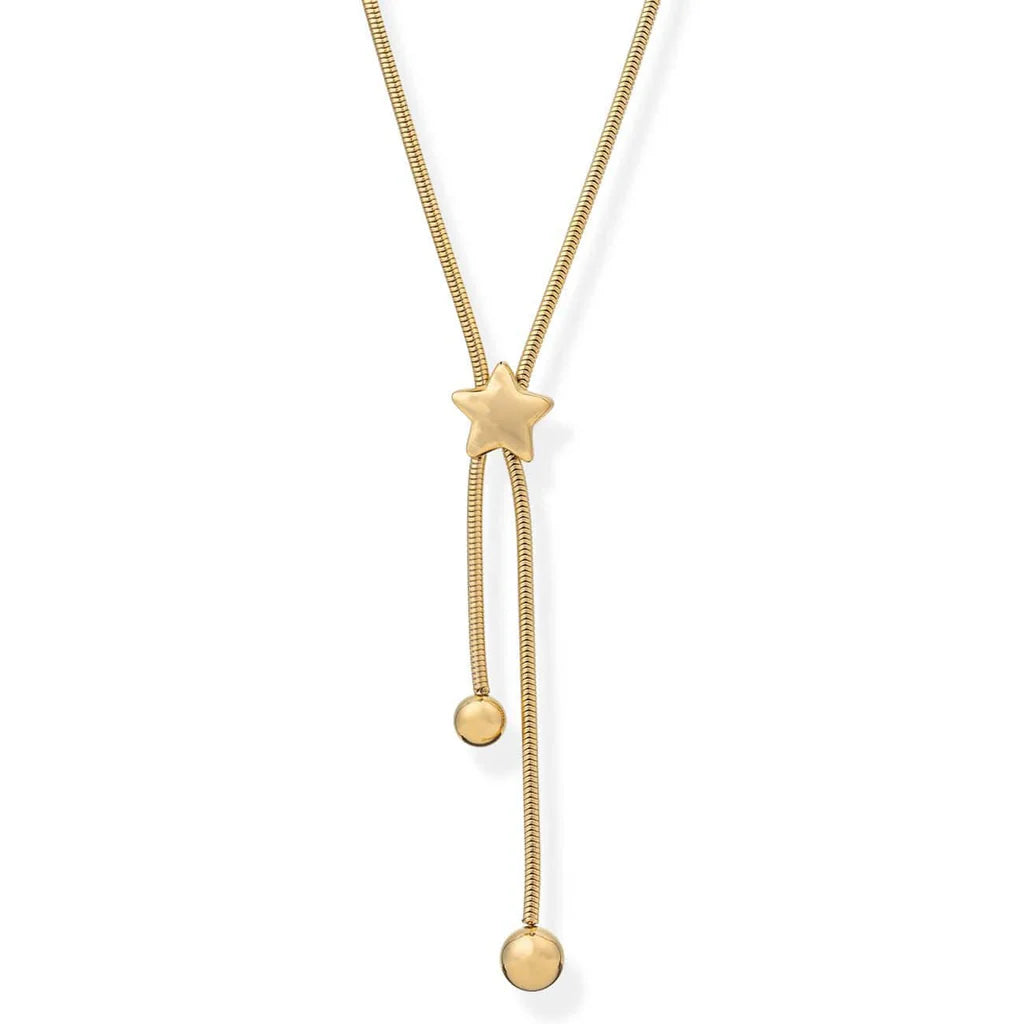 Gold necklace with star and round pendants on a white background
