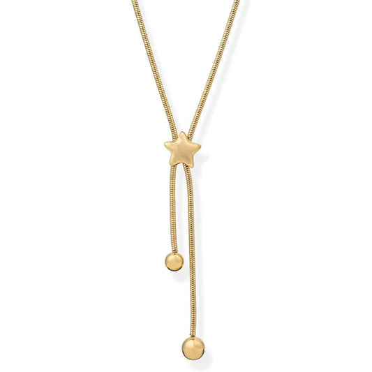 Gold necklace with star and round pendants on a white background