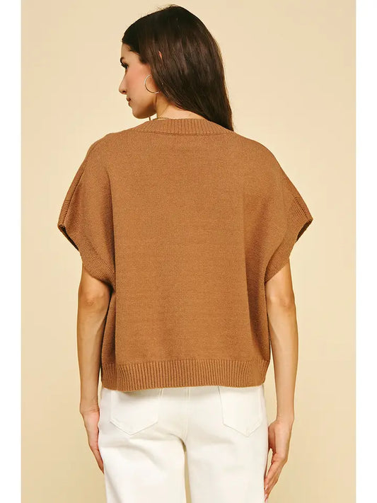Pinch V-Neck Cap Sleeve Sweater - Brown