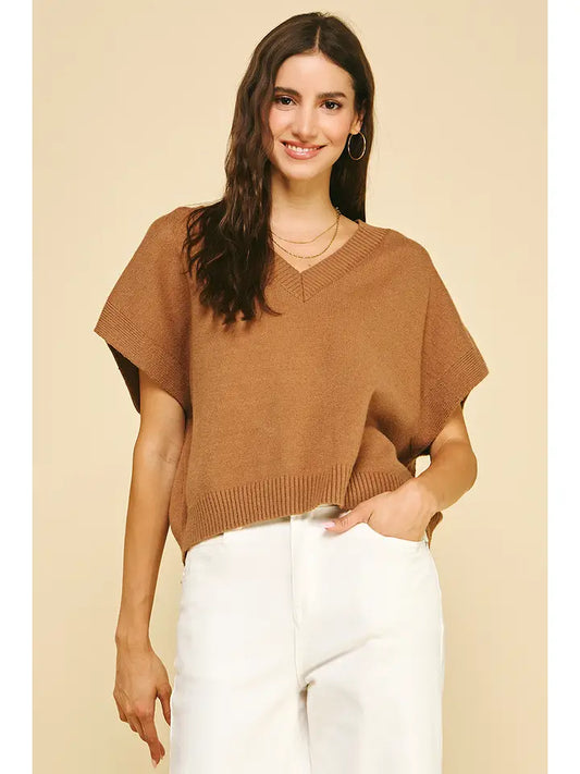 Pinch V-Neck Cap Sleeve Sweater - Brown