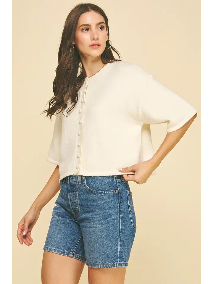 Pinch Button Down Short Sleeve Sweater - Cream