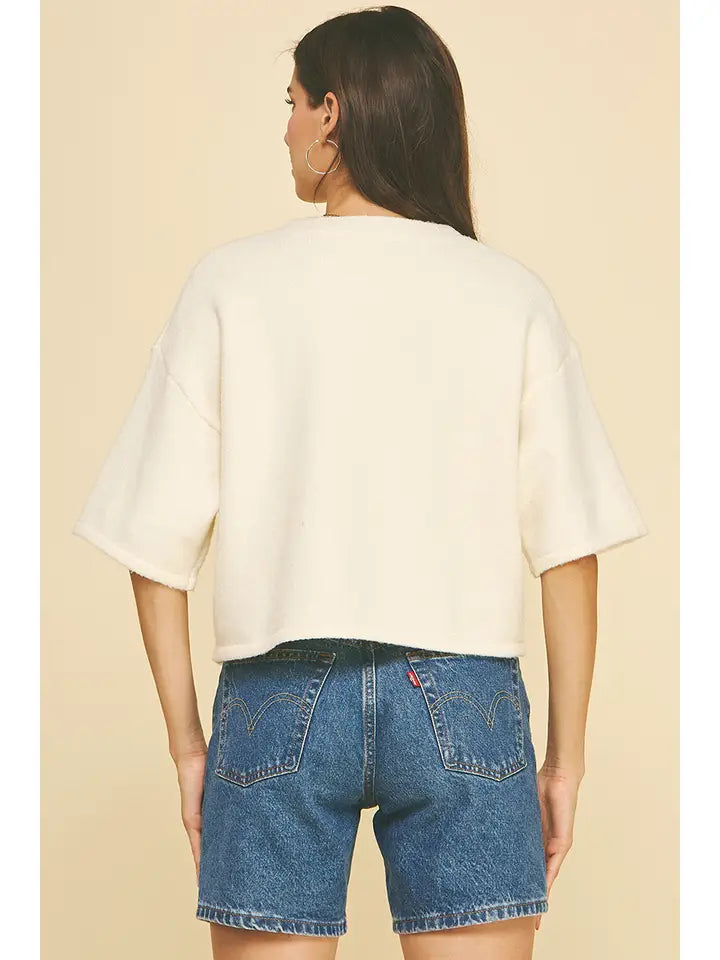 Pinch Button Down Short Sleeve Sweater - Cream