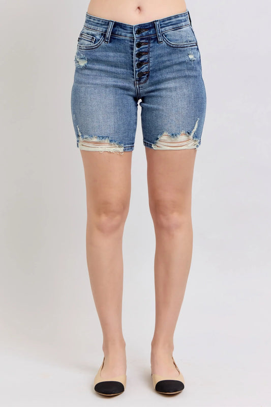 Judy Blue Button Fly Mid Length Shorts with Distress – Medium Wash
