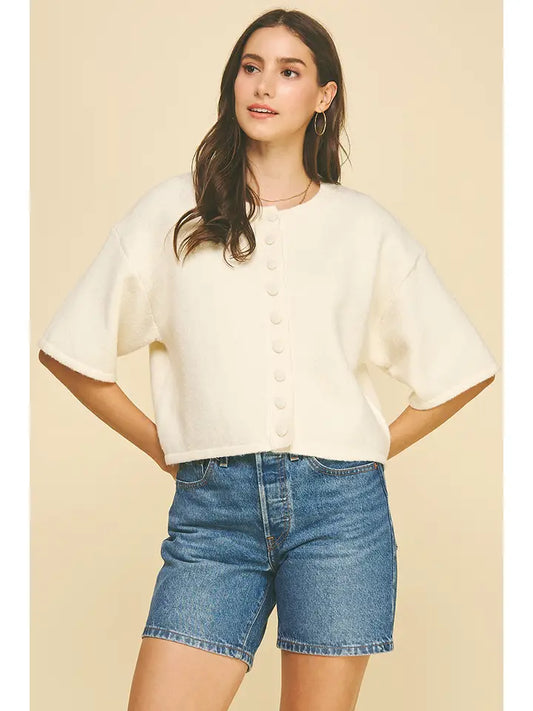 Pinch Button Down Short Sleeve Sweater - Cream