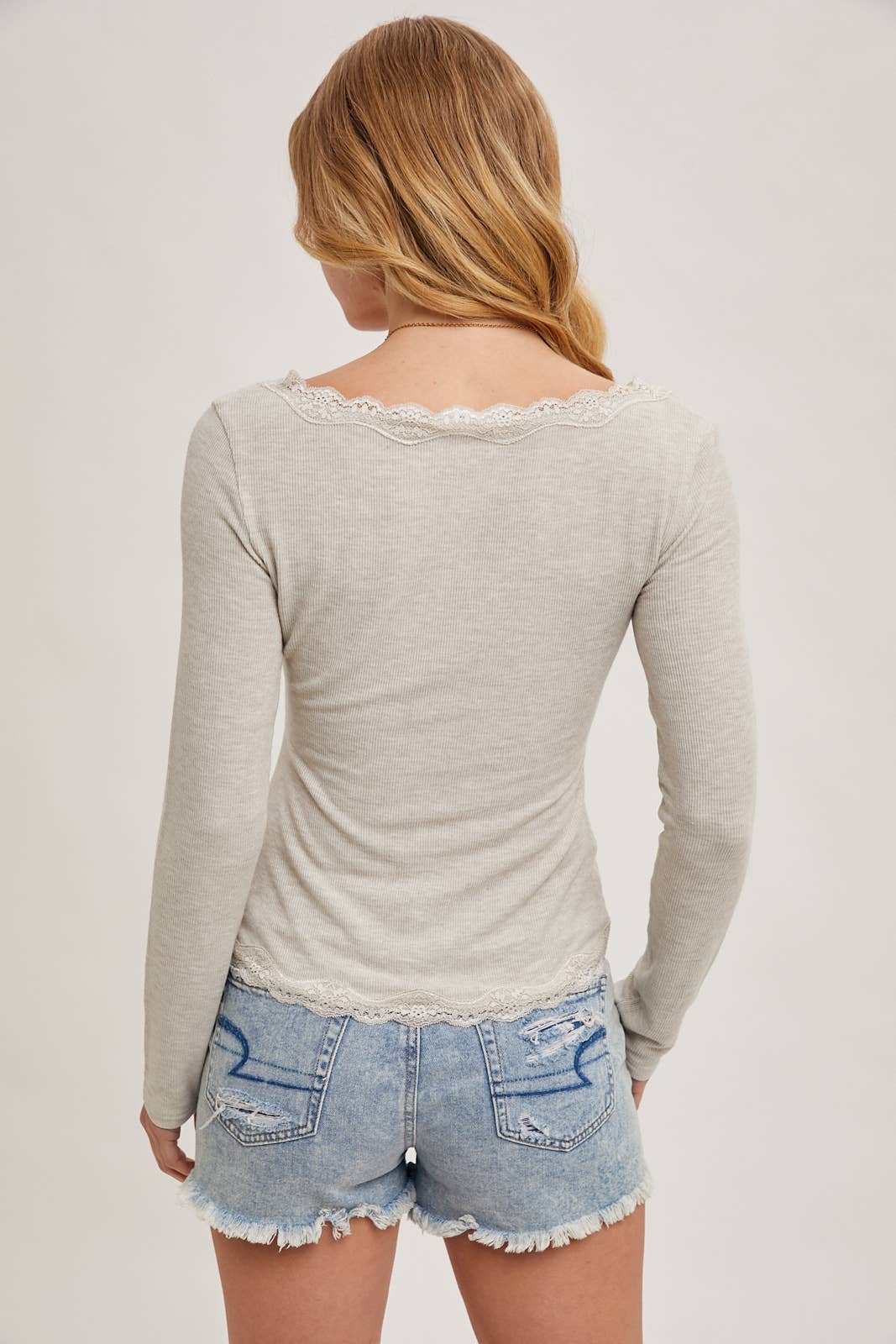 Bluivy - BUTTON DOWN LACE TRIMMED KNIT CARDIGAN TOP: OATMEAL / M