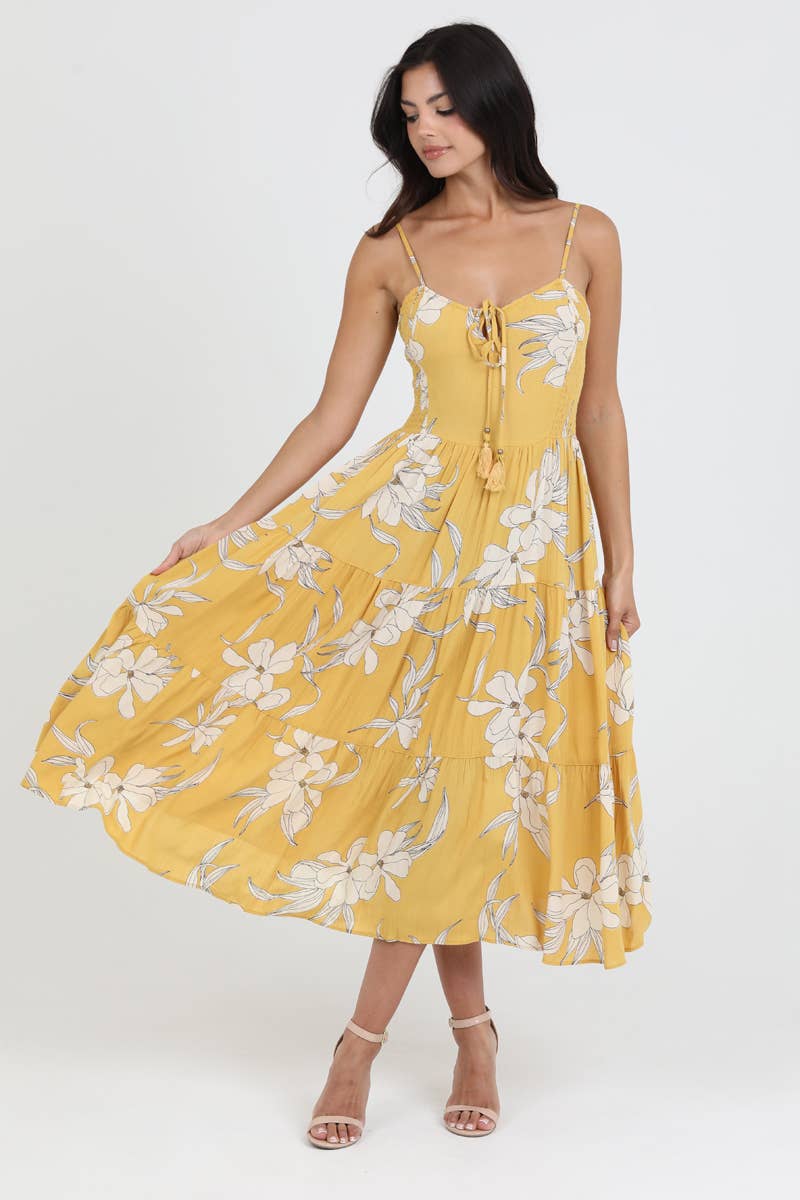 ANGIE - SMOCKED SIDES STRAPPY BACK MIDI DRESS: Yellow