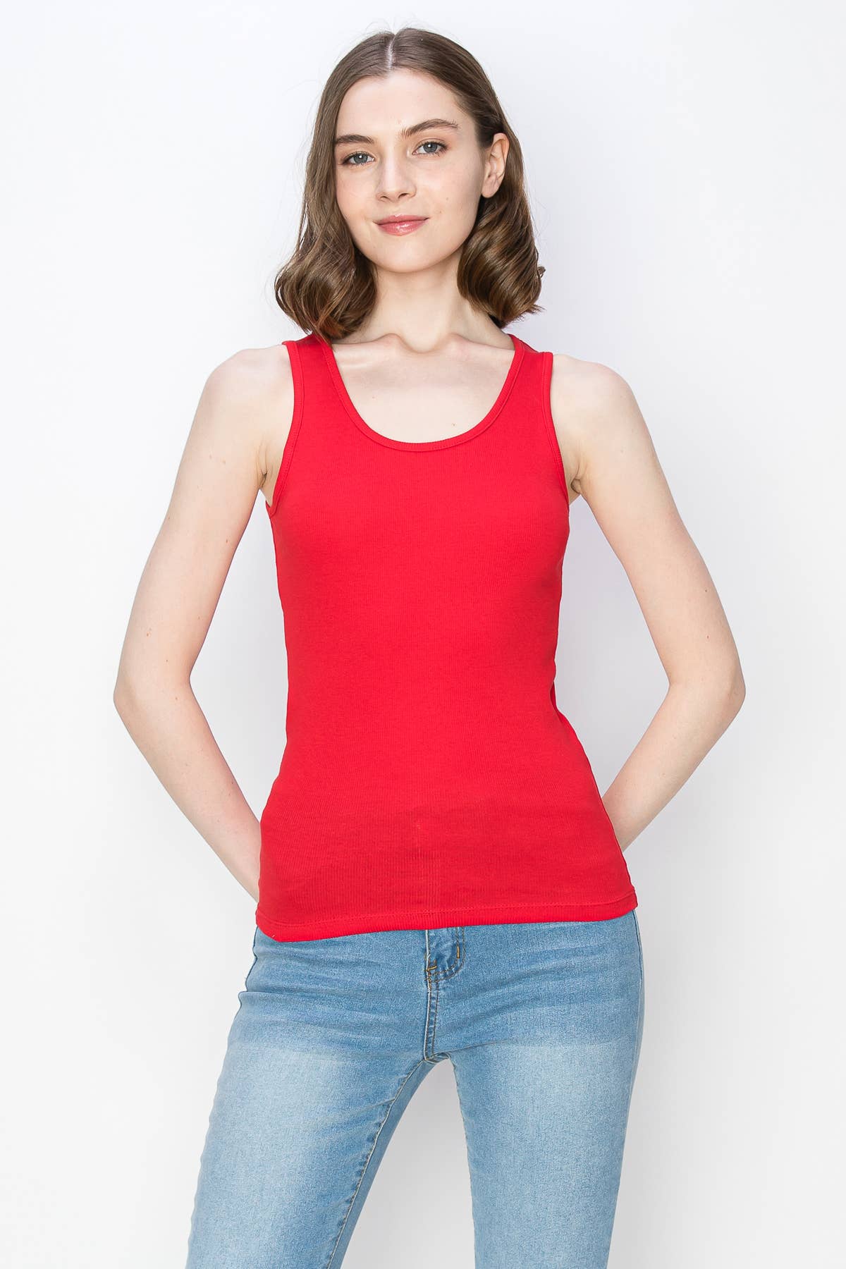 Color 5 - Solid Color Ribbed Cotton Spandex Scoop Neck Basic Tank Top