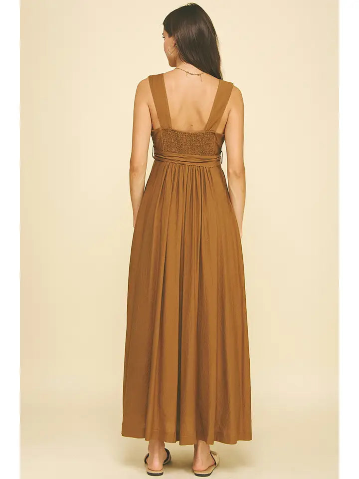 Pinch Solid Belted Maxi Dress - Camel