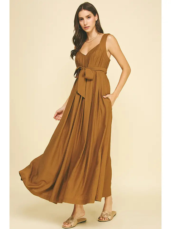 Pinch Solid Belted Maxi Dress - Camel