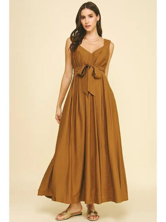 Pinch Solid Belted Maxi Dress - Camel
