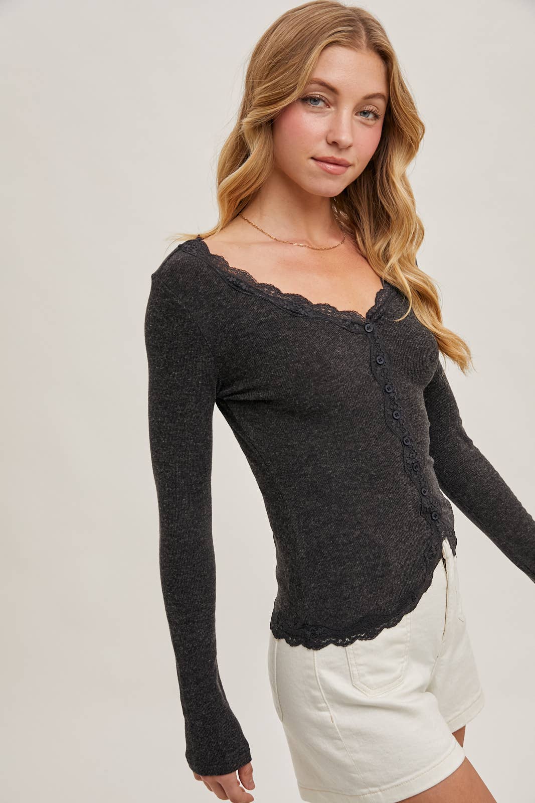 Bluivy - BUTTON DOWN LACE TRIMMED KNIT CARDIGAN TOP: OATMEAL / M