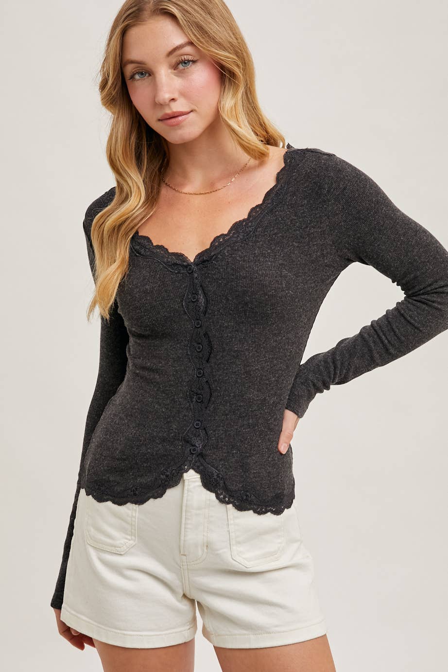 Bluivy - BUTTON DOWN LACE TRIMMED KNIT CARDIGAN TOP: OATMEAL / M