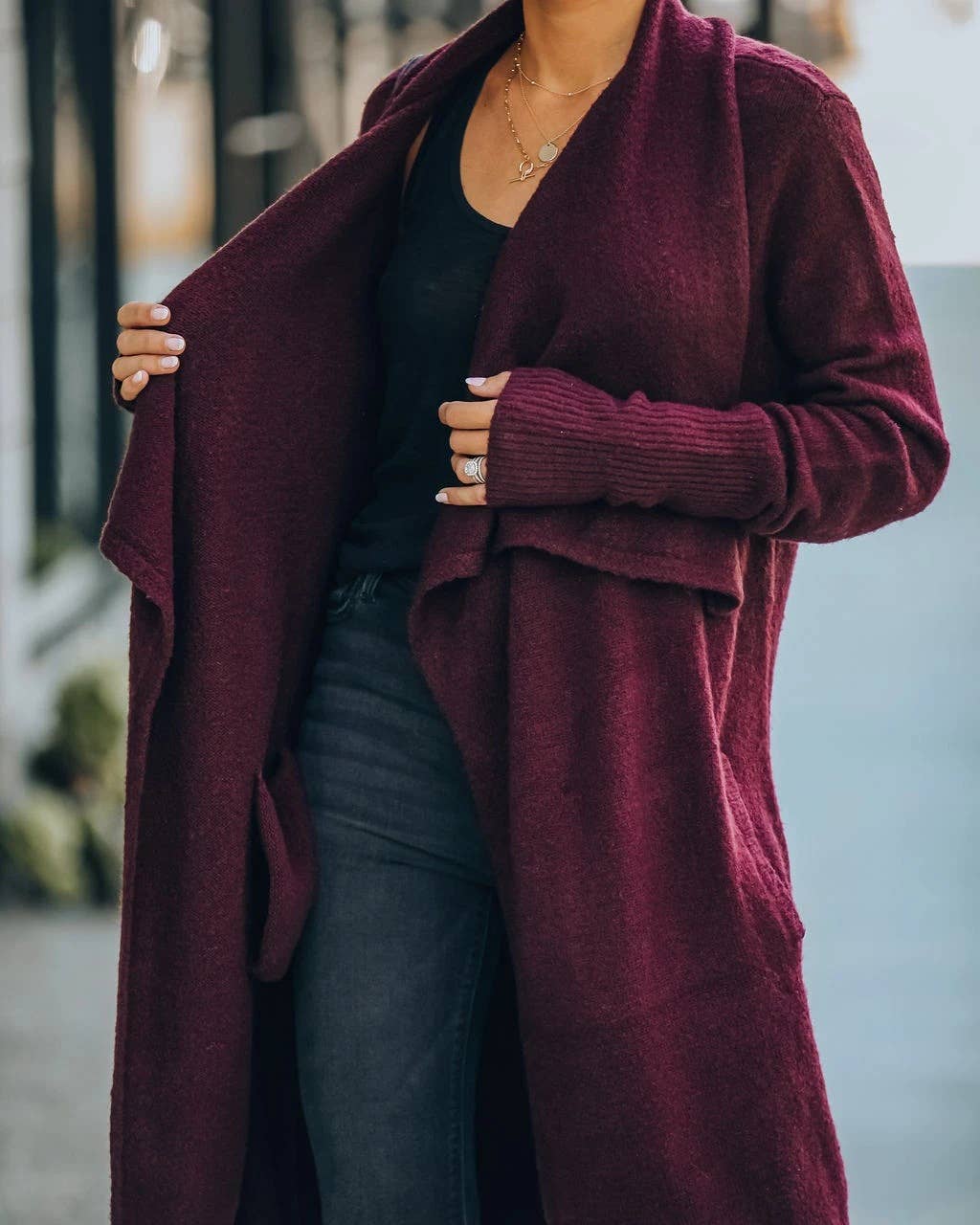 Lily Clothing - Large lapel unbuttoned solid color long cardigan coat