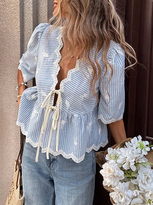 HIDDENBRAND - V-Neck Tie Front Lace Trim Striped Floral Embroidery Top: Blue